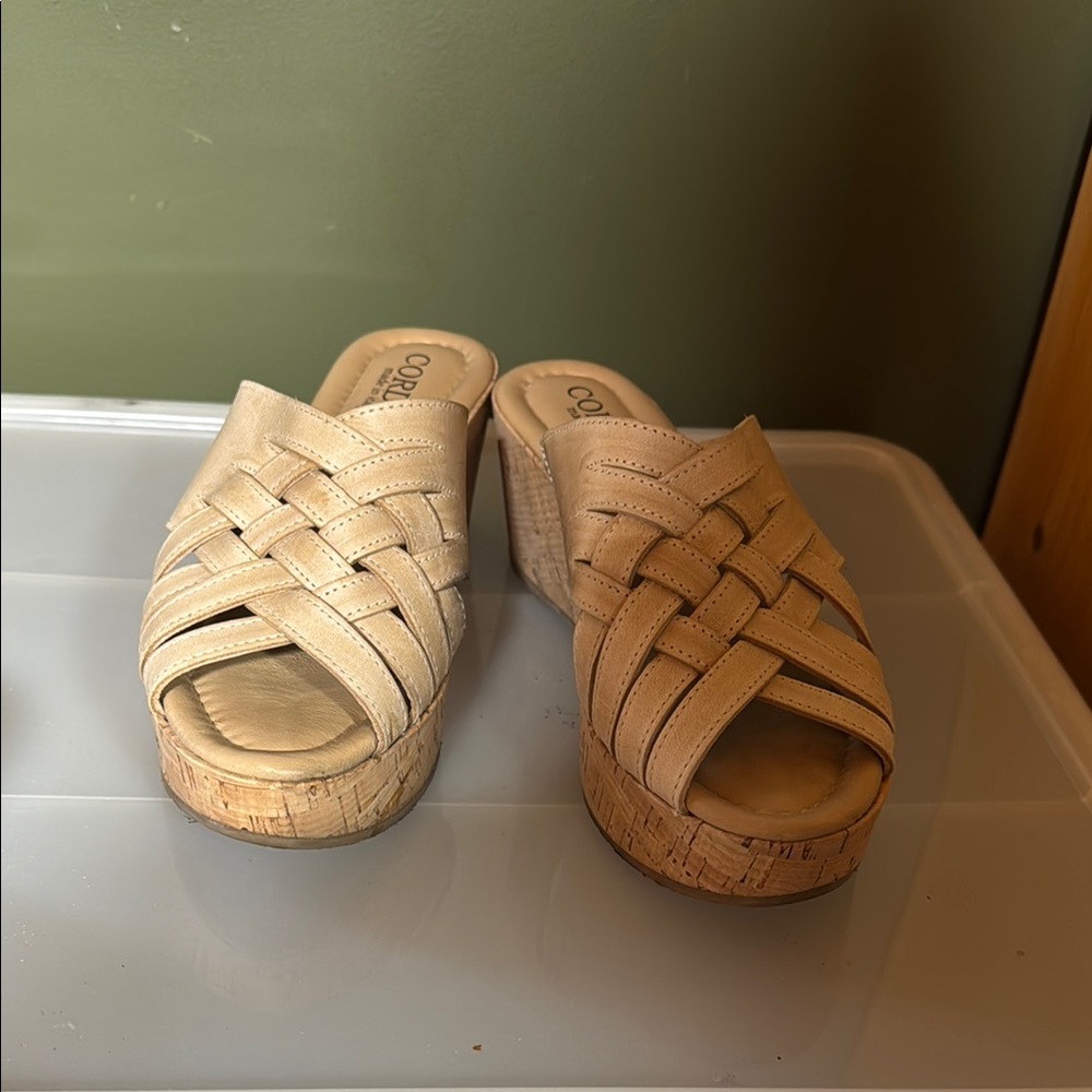 Comfortable Beige Woven Wedge Sandals by Cordani